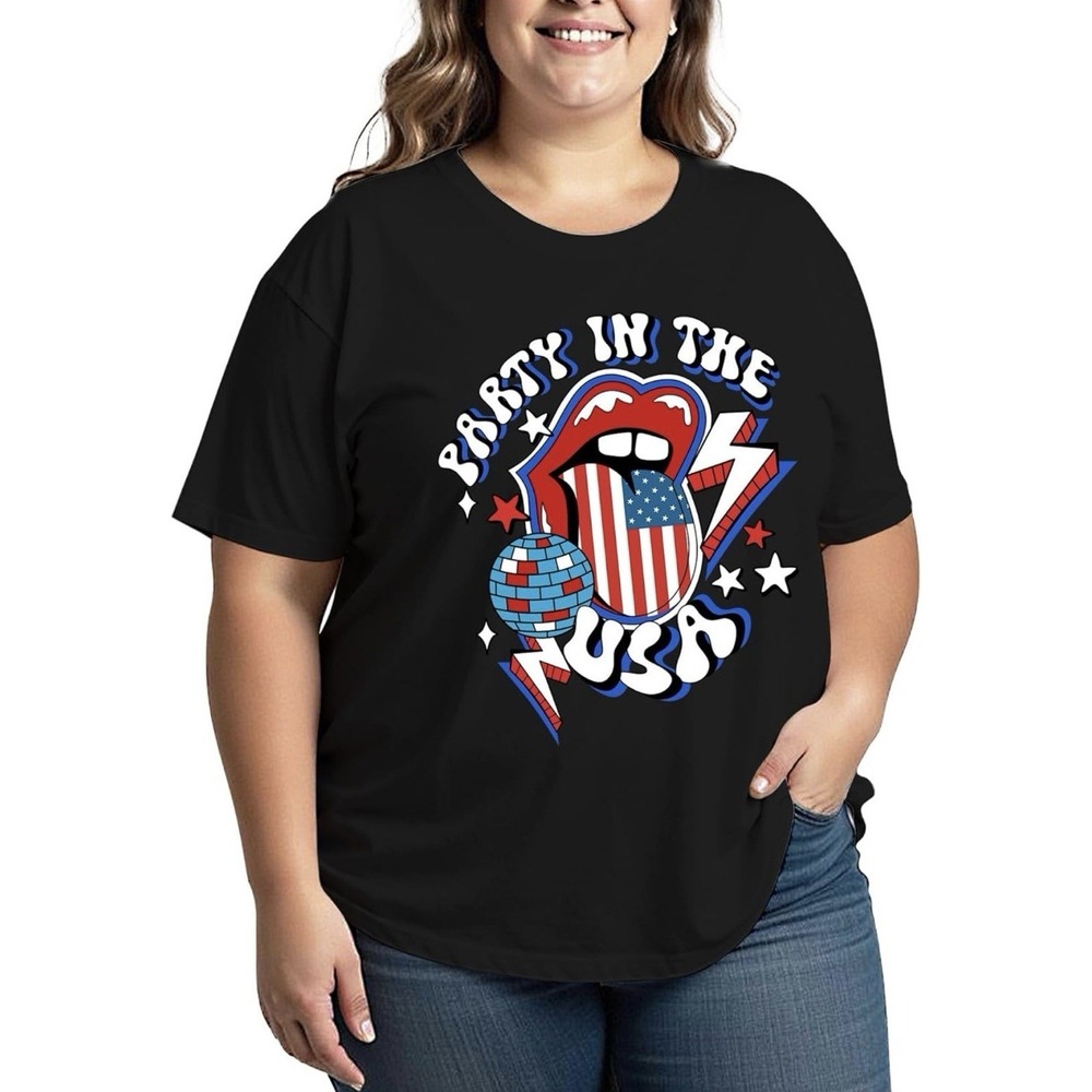 NIP Solatria Women's Sz 4XL Black Plus Party In USA 4th Of July Shirt Top‎